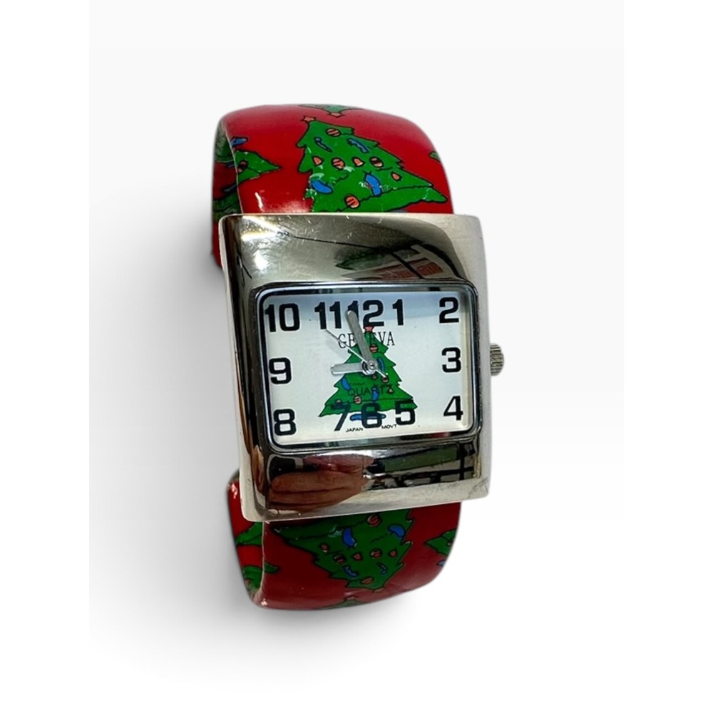Geneva Christmas Tree Cuff Watch OS Red Holiday Festive Quartz